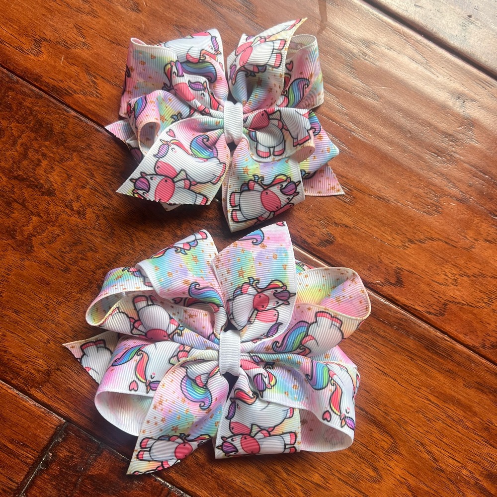 Unicorn HairBow Double Stack 5" and‎ 4" Pastel Rainbow Ribbon Bow Alligator Clip